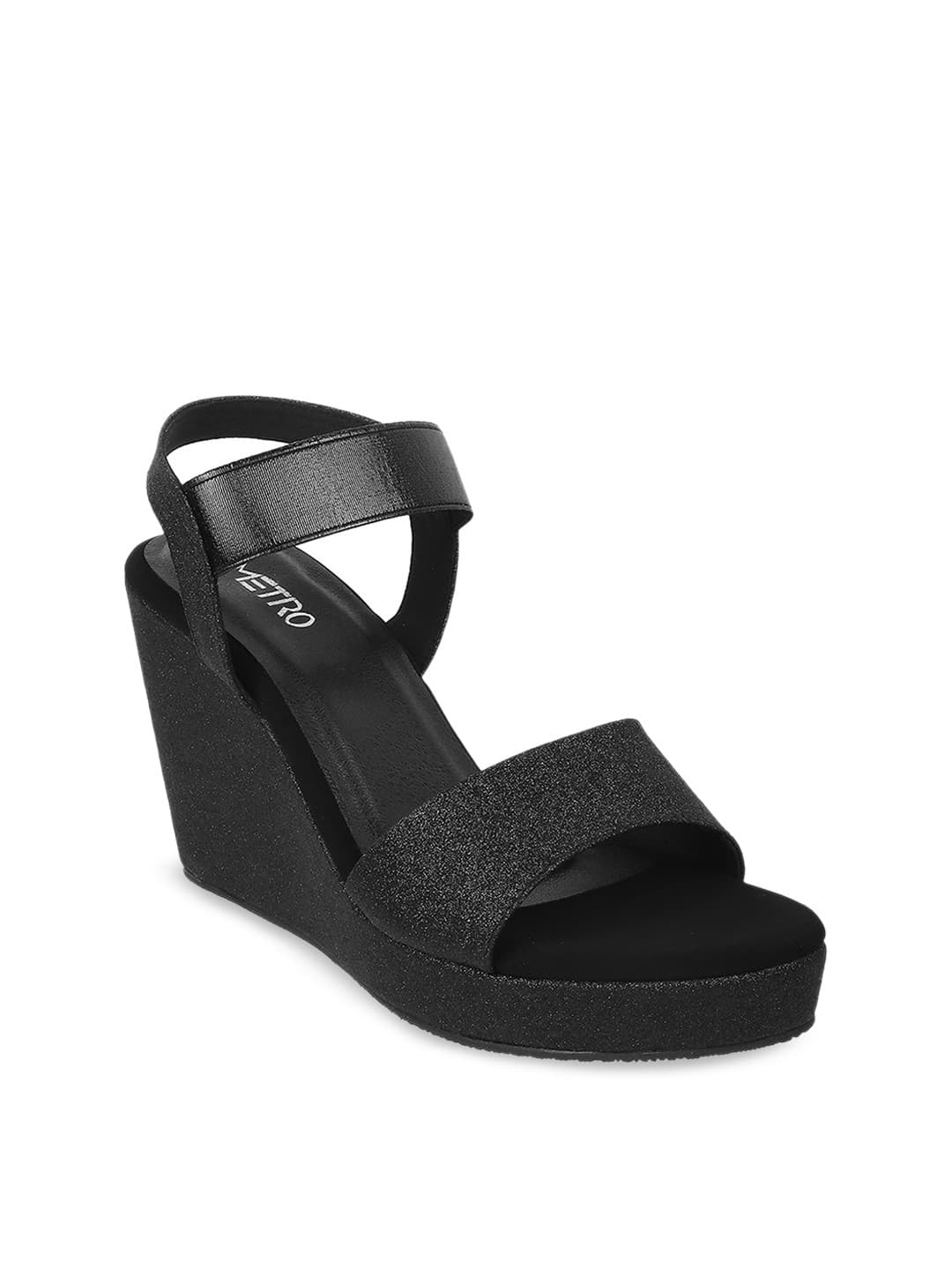 Metro Black Embellished Open Toe Wedges With Backstrap