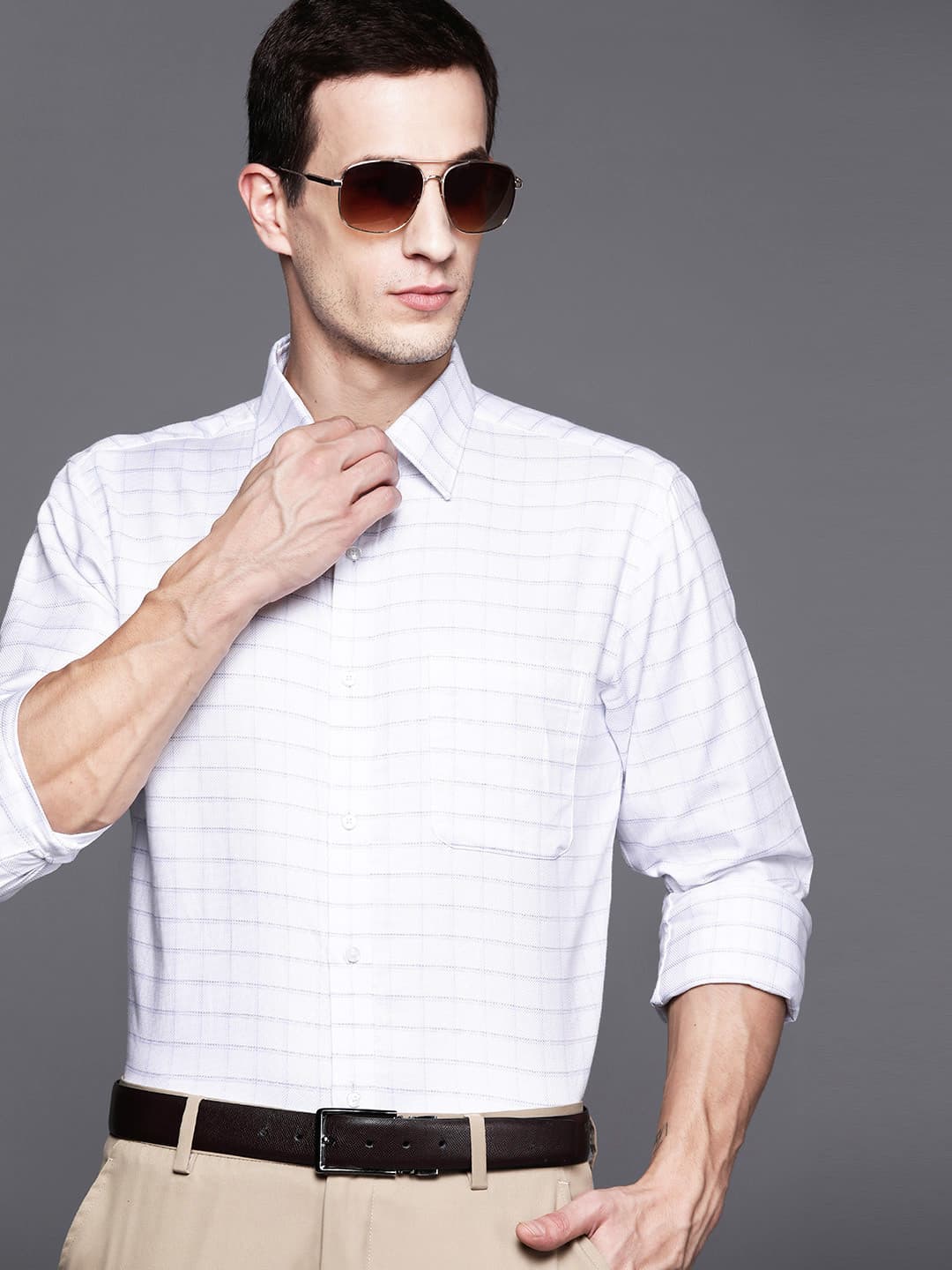 Raymond Pure Cotton Slim Fit Grid Tattersall Checked Formal Shirt