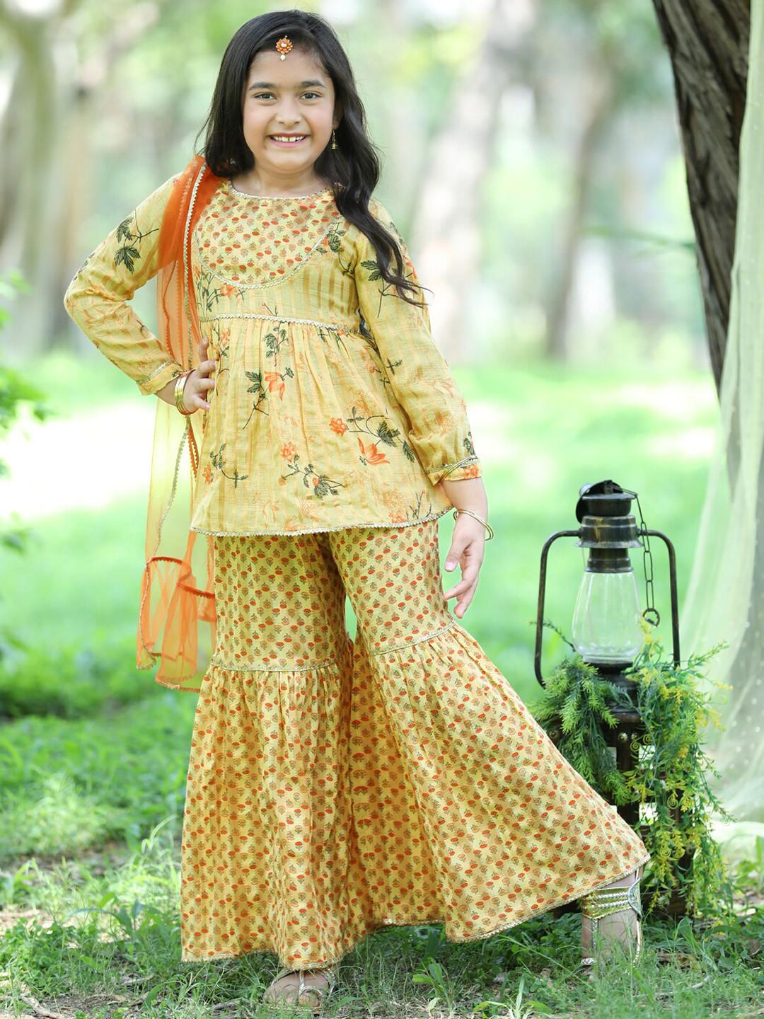 Cutiekins Girls Floral Printed Gathered Kurta & Sharara with Dupatta