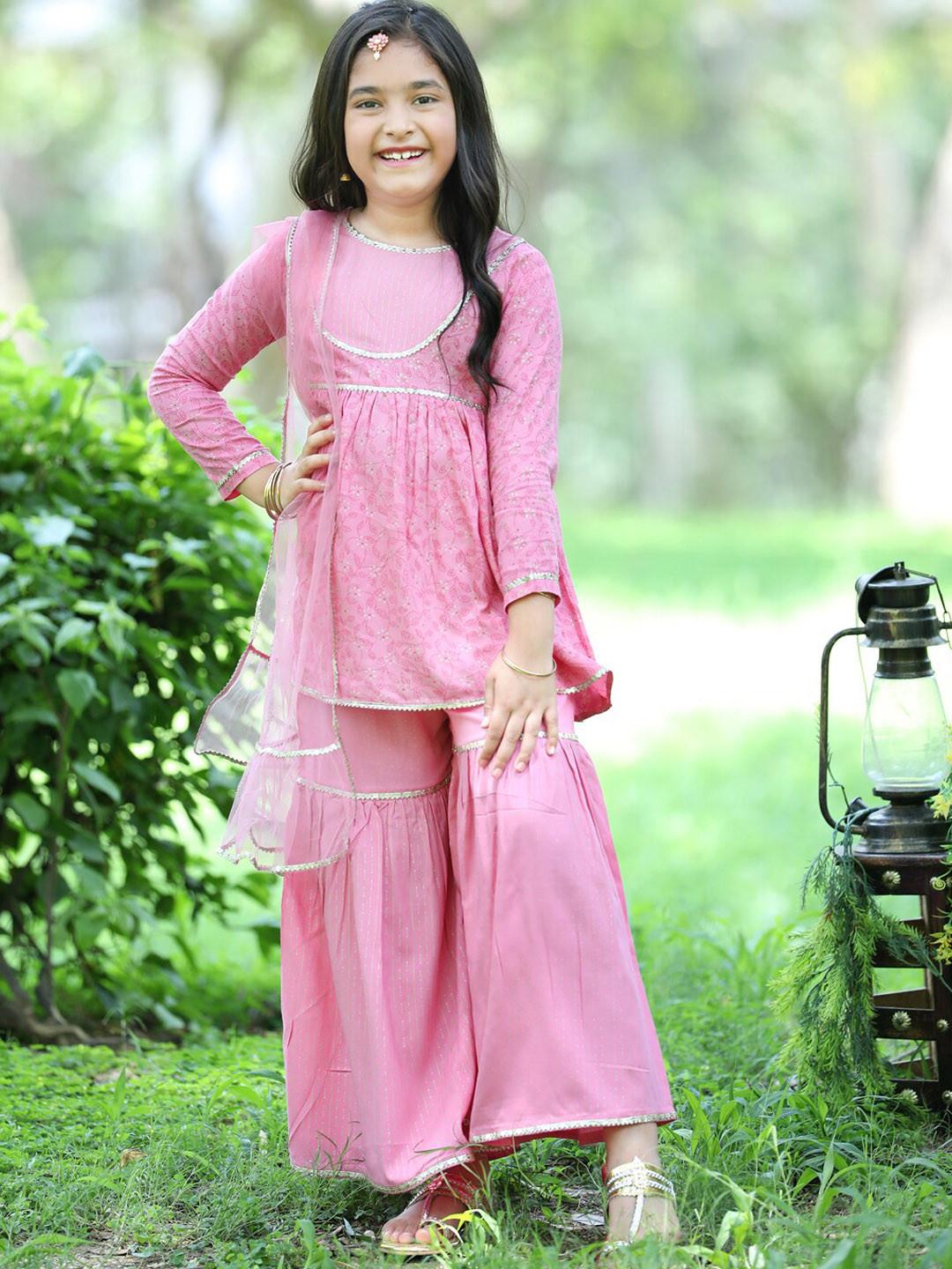 Cutiekins Girls Floral Motifs Printed Empire Gotta Patti Kurta & Sharara with Dupatta