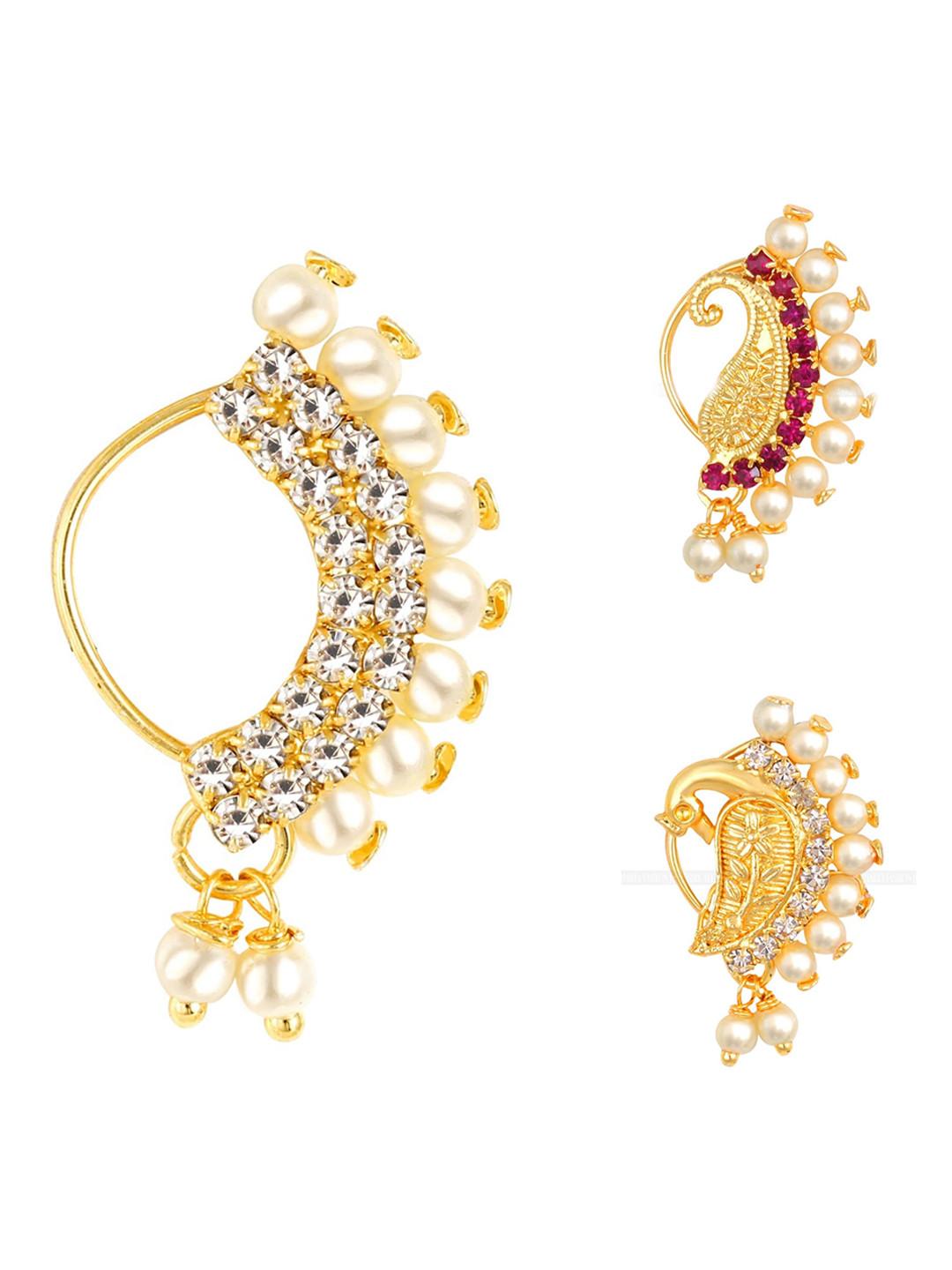 Vighnaharta Set Of 3 Gold-Plated AD Stone-Studded & Beaded Nosepin