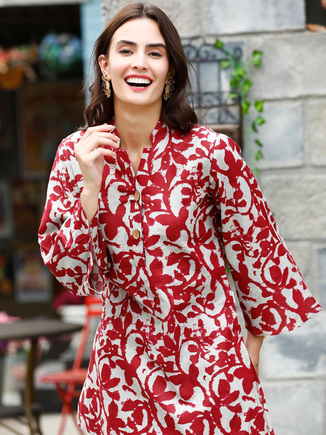 JISORA Maroon Abstract Printed Mandarin Collar Pure Cotton Top & Pyjama Night Suits
