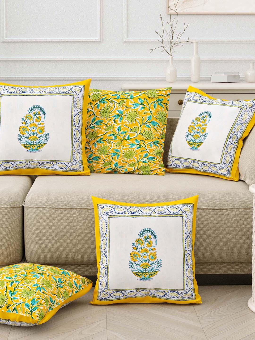 Sangria Blue & Yellow 5 Pieces Ethnic Motif-Printed Pure-Cotton Cushion Covers
