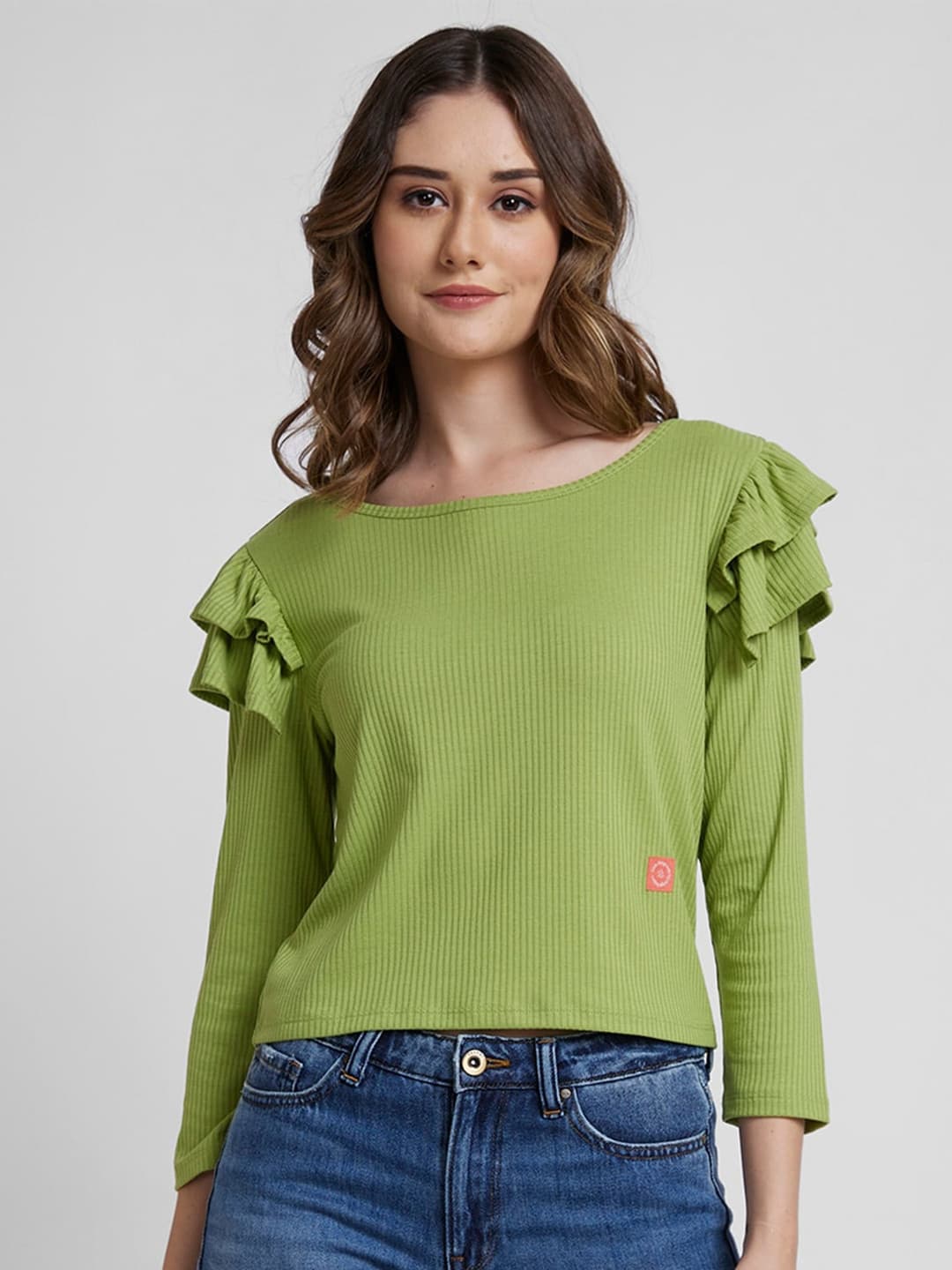 SPYKAR Round Neck Ruffles Crop Top