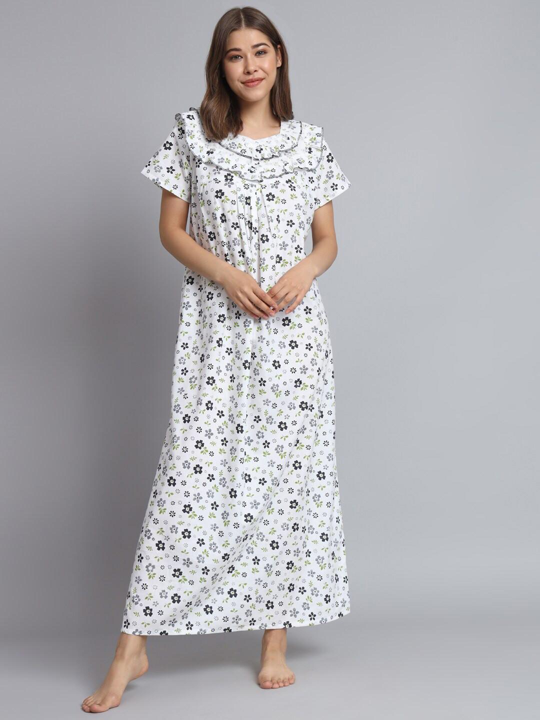 SEPHANI White Floral Printed V-Neck Pure Cotton Night Maxi Dress Nightdress