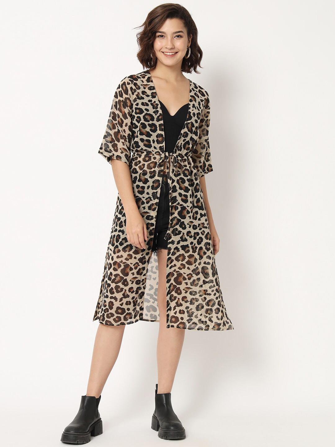CHARMGAL Women Animal Printed Longline Georgette Tie-Up Shrug