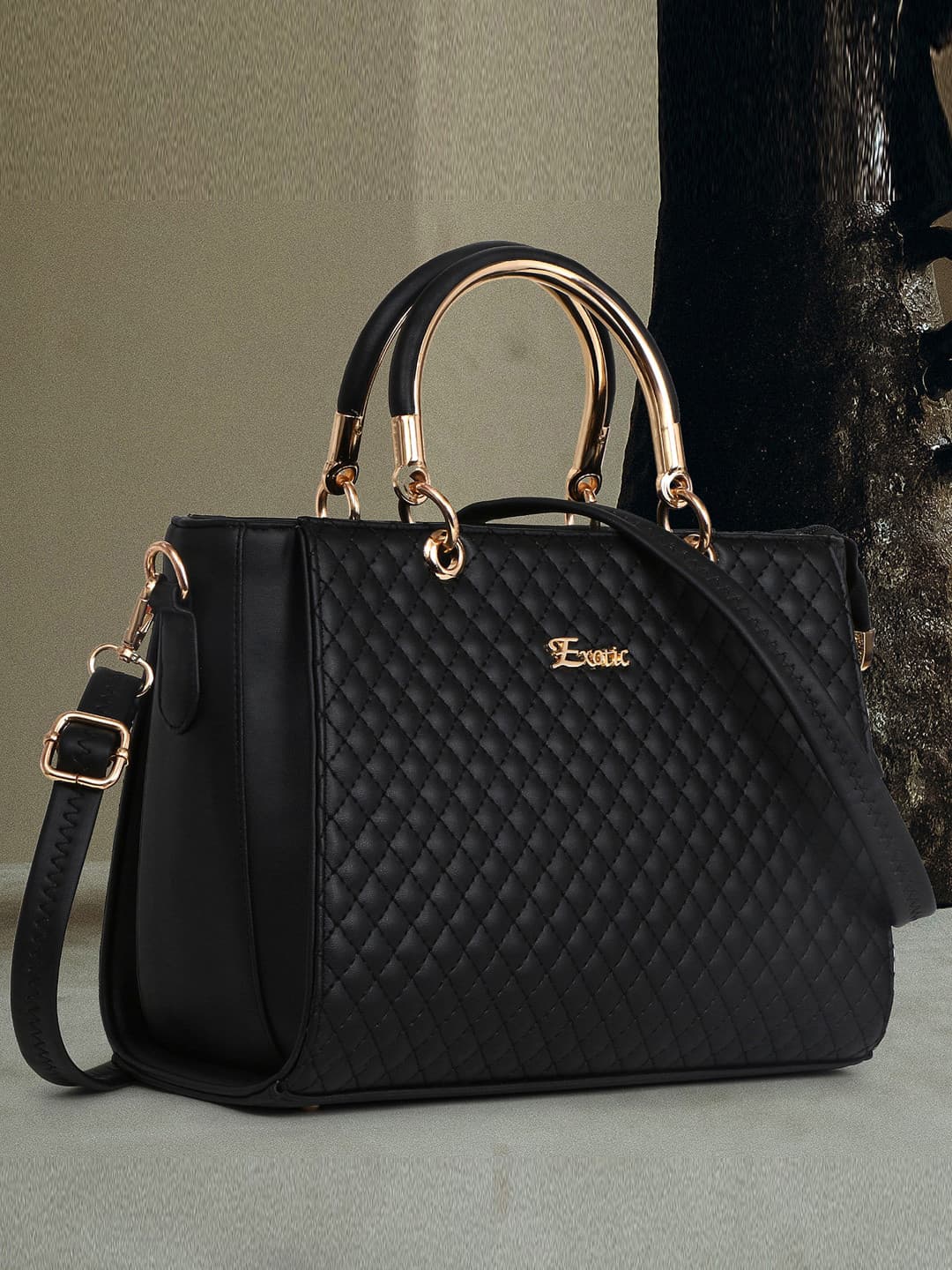 Exotic Black Structured Handheld Bag with Quilted PU