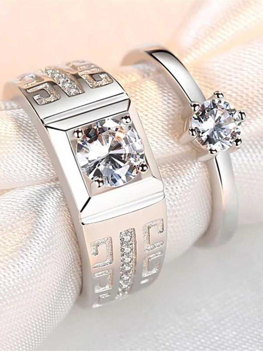 MEENAZ Set Of 2 Silver-Plated & AD Studded Couple Rings With Rose