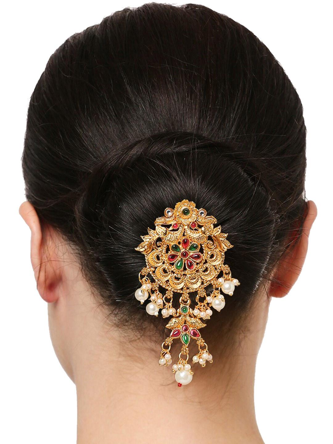 OOMPH Artificial Stones Studded & Beaded Jadai Billai Pin Hair Accessory