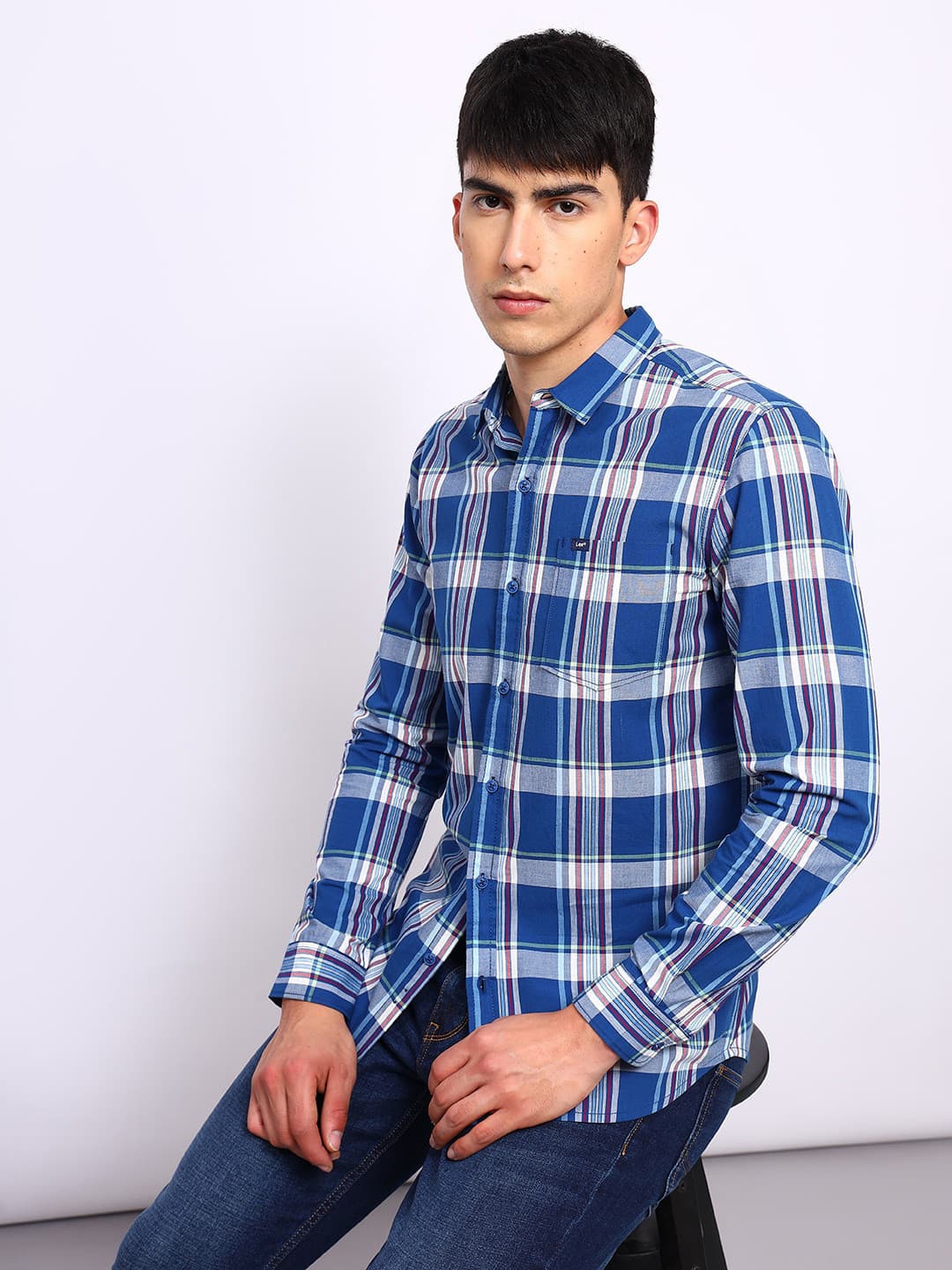 Lee Slim Fit Tartan Checks Spread Collar Long Sleeve Pocket Cotton Casual Shirt