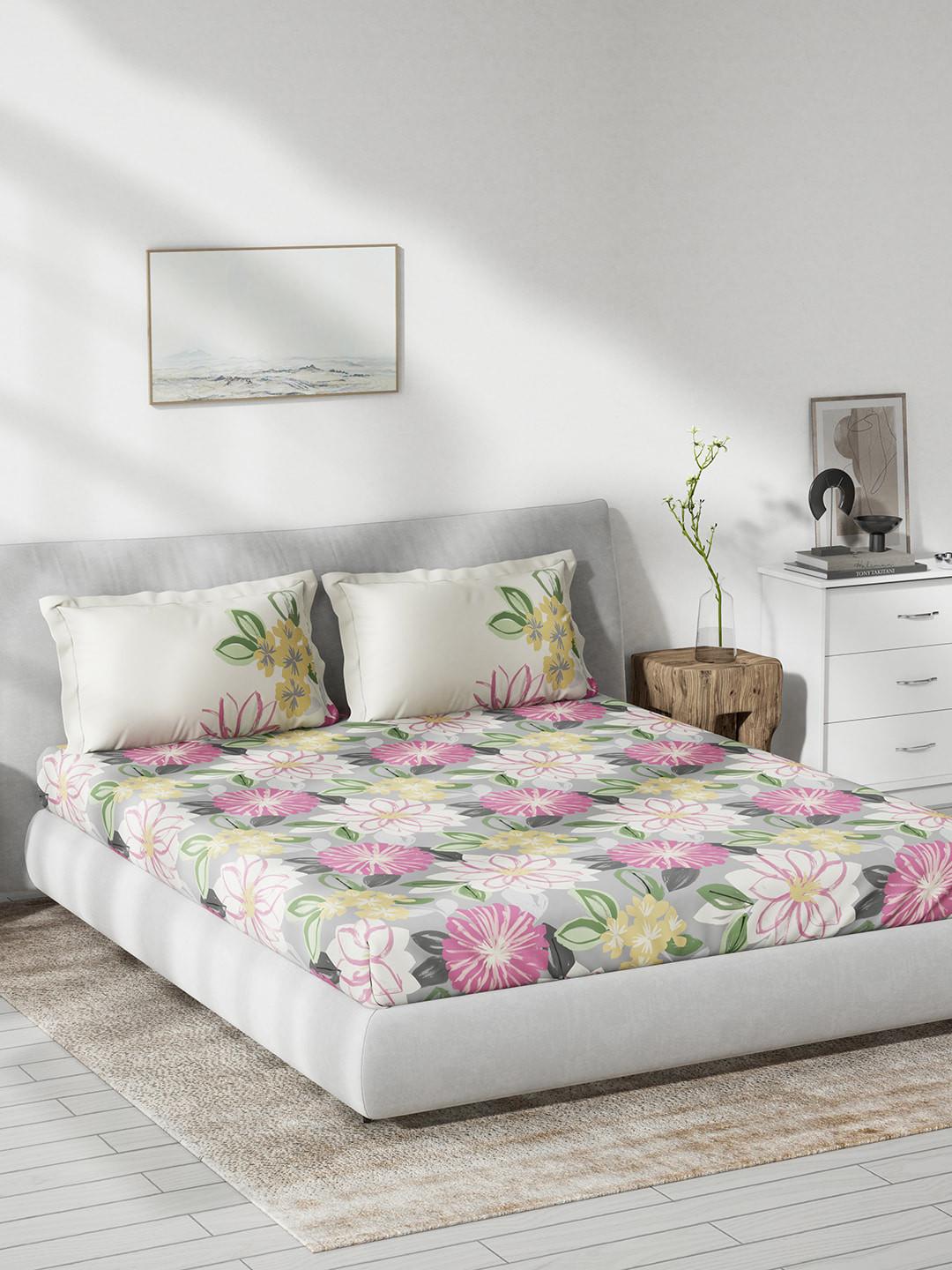 DDecor Live Beautiful Grey Floral Cotton 144 TC Queen Bedsheet with 2 Pillow Covers-90 x 108 inches