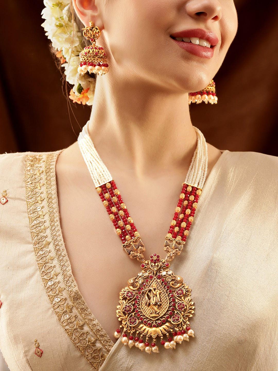 Rubans 18K Gold-Plated Red Stone Studded Pearl Beads Divine Krishna Temple Jewellery Set