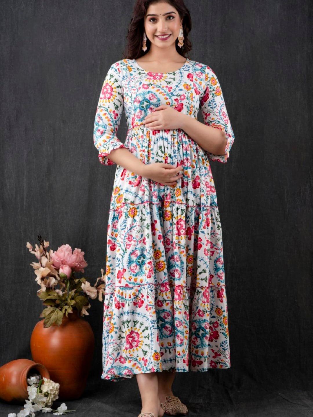 Henal Floral Printed Gathered Maternity Cotton Fit & Flare Ethnic Dress