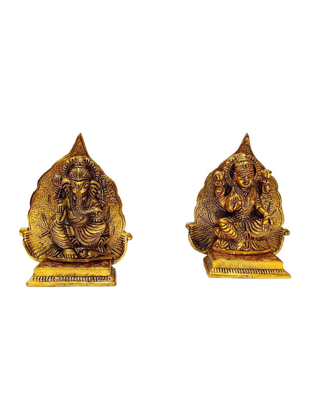 CraftVatika Ganpati Sitting Brown Metal Metallic Prayer Room Set of 2 Small Showpieces - 5 Inches