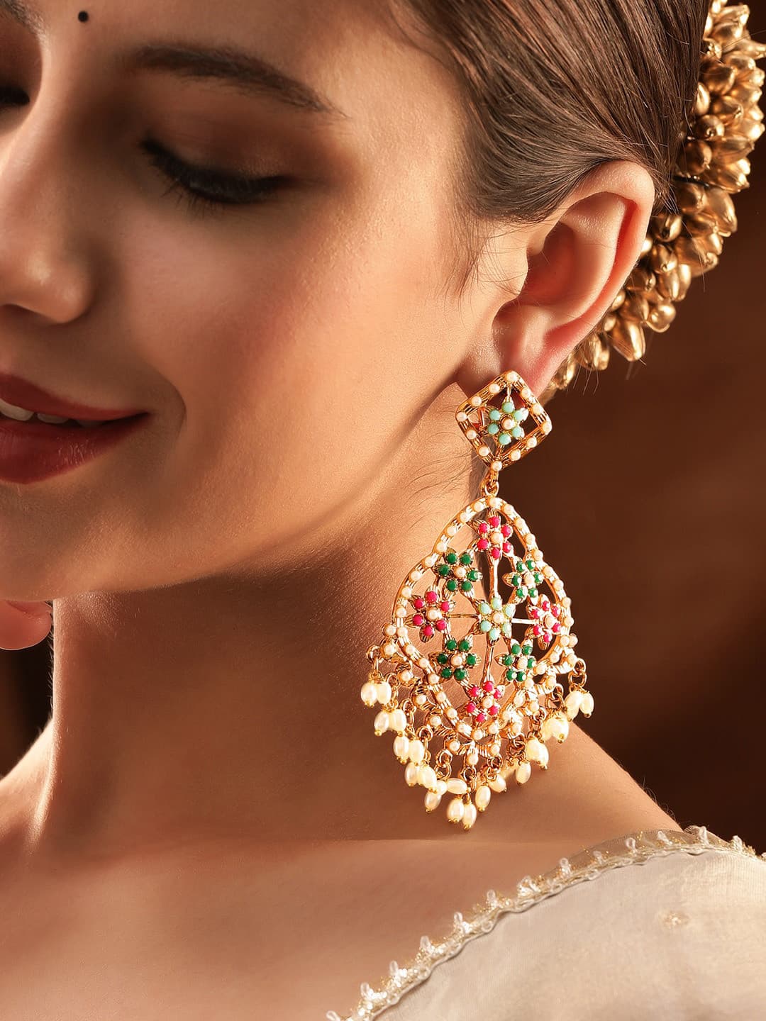 Rubans 22K Antique Gold Plated Multi Color Stone Studded Long Chandbalis