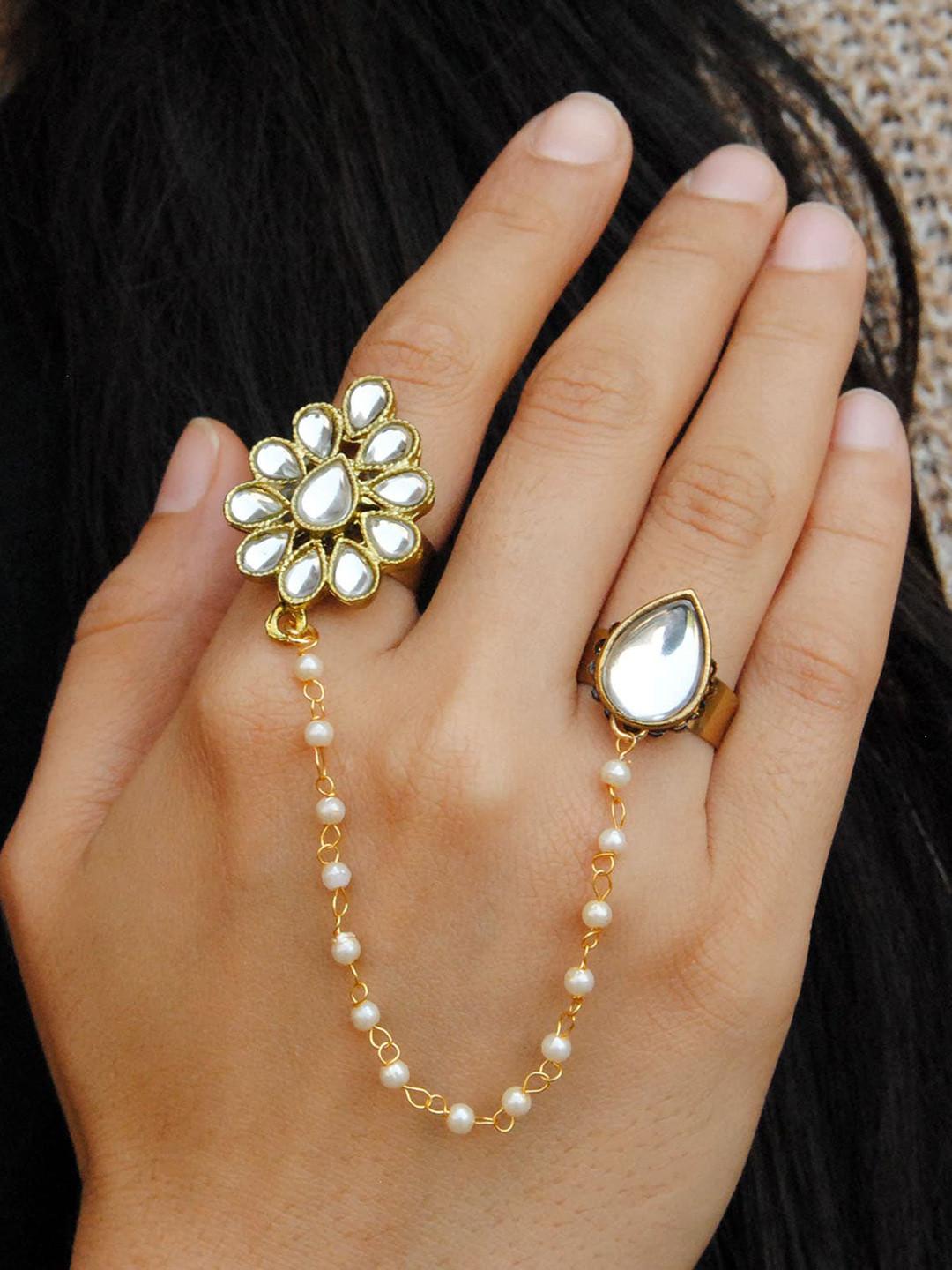 BeAbhika Kundan Studded & Pearl Beaded Adjustable Duo Two Finger Ring
