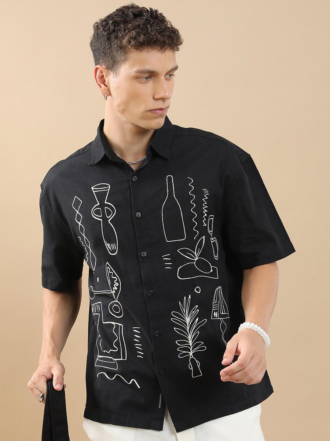 HIGHLANDER Embroidered Drop-Shoulder Sleeves Oversized Casual Shirt
