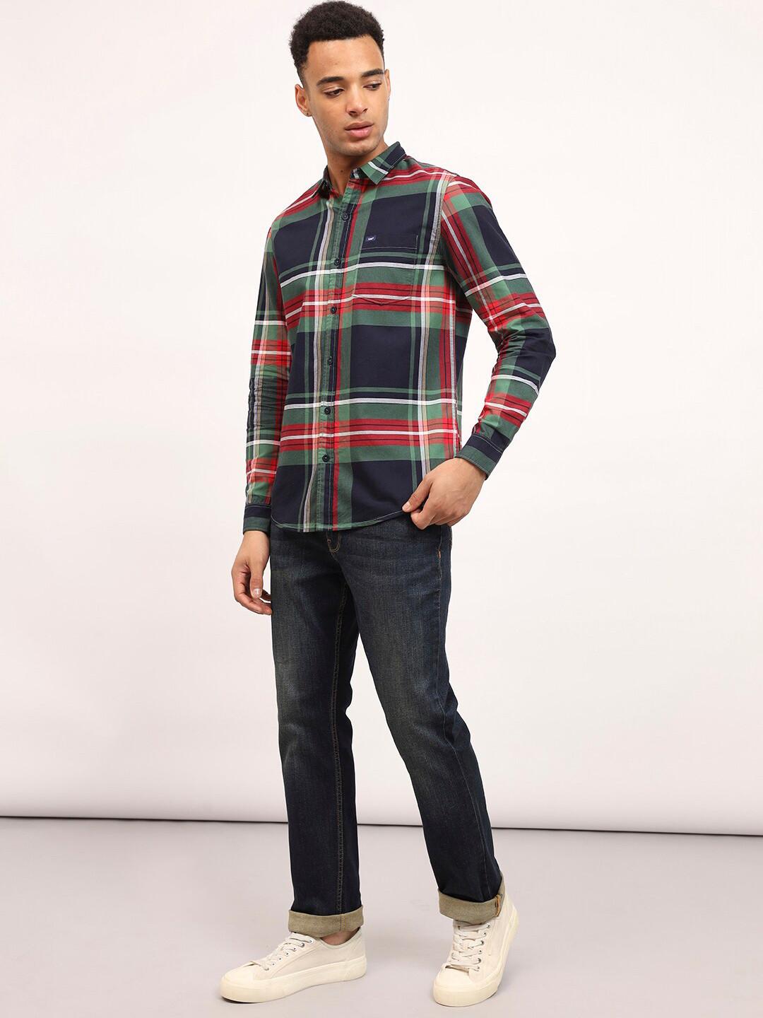 Lee Slim Fit Tartan Checked Spread Collar Long Sleeve Pocket Cotton Casual Shirt