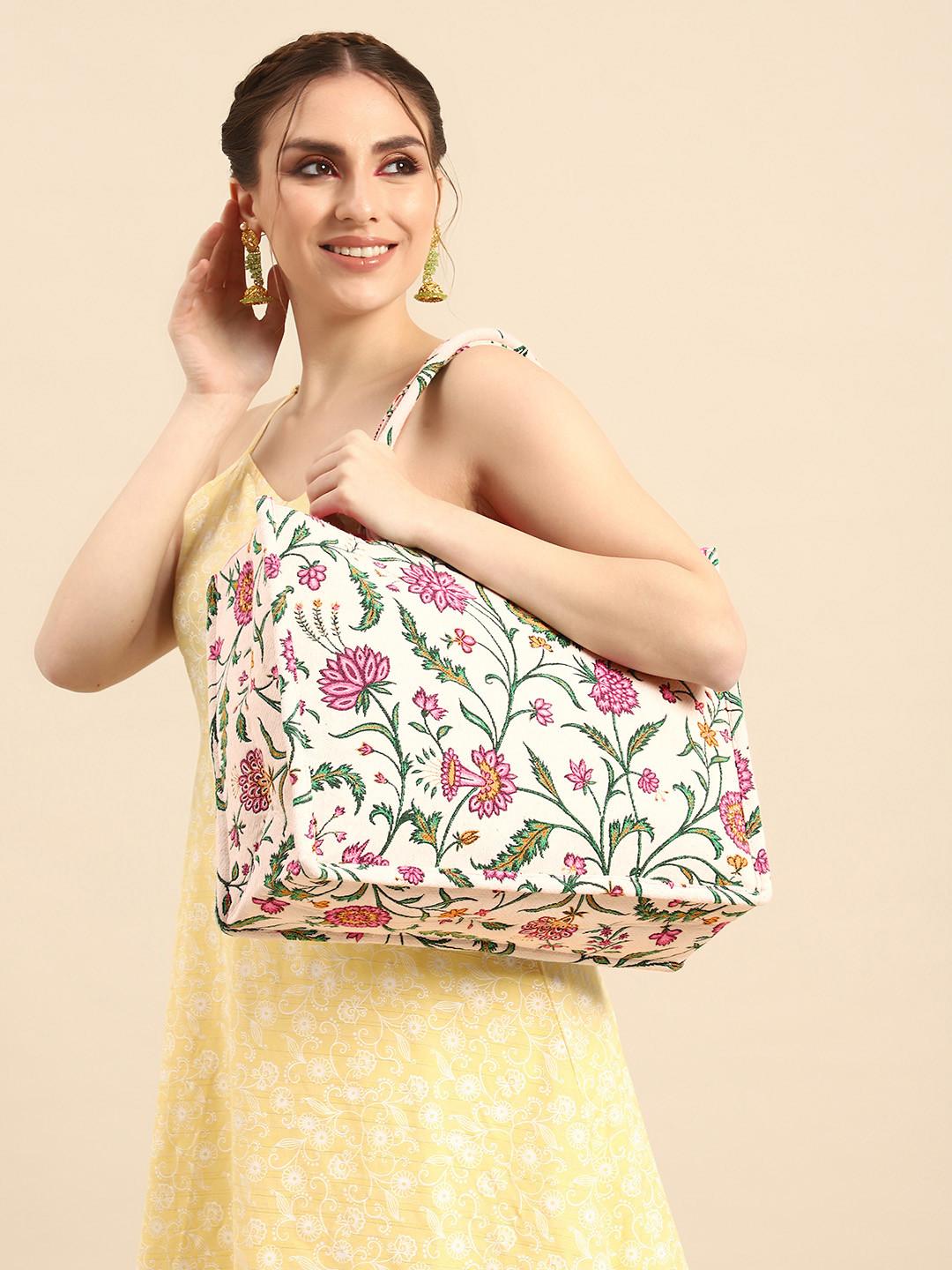 Sangria Floral Printed Oversized Shopper Tote Cotton Bag