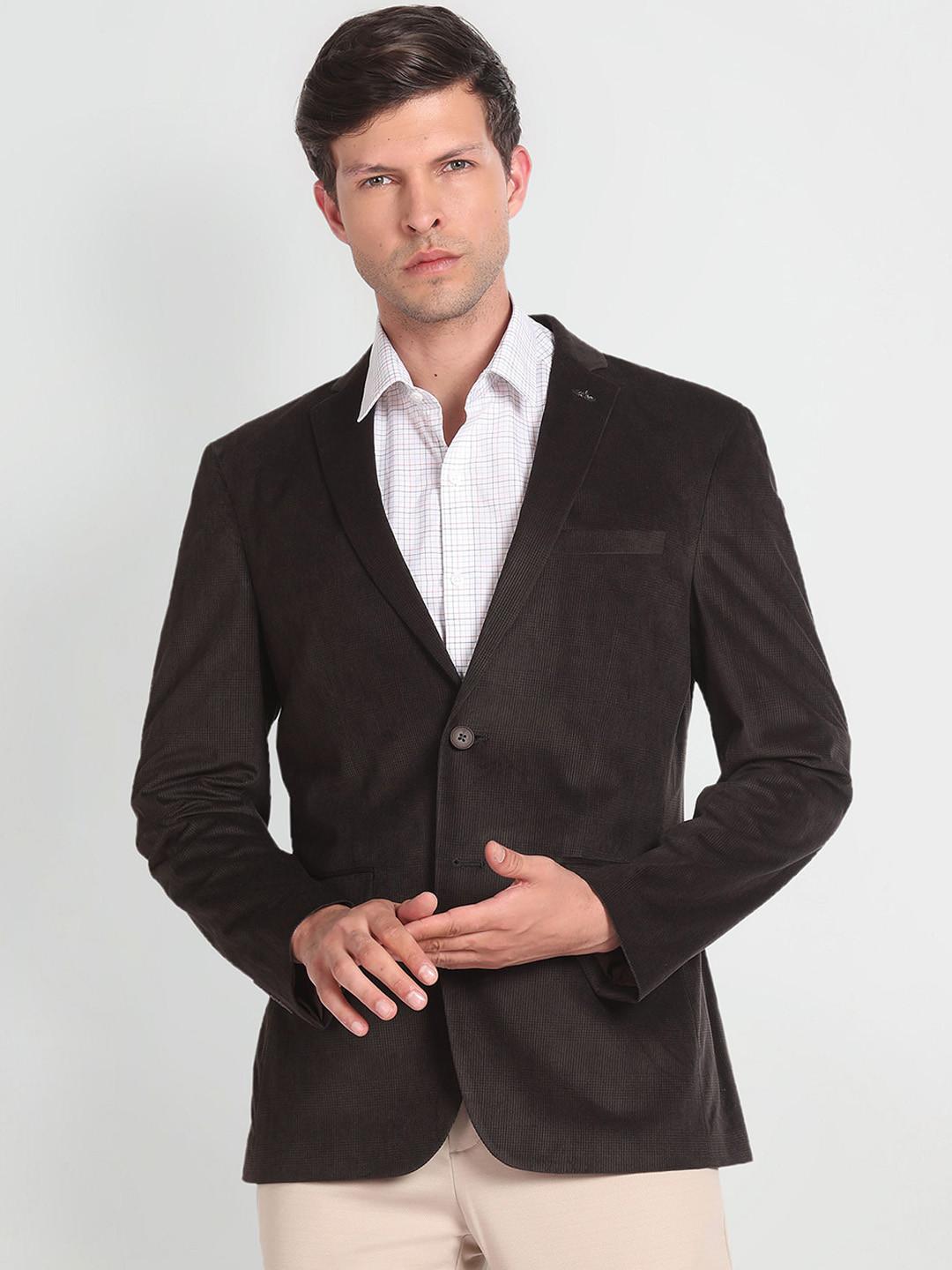 Arrow Notched Lapel Collar Corduroy Knit Single Breasted Formal Blazer