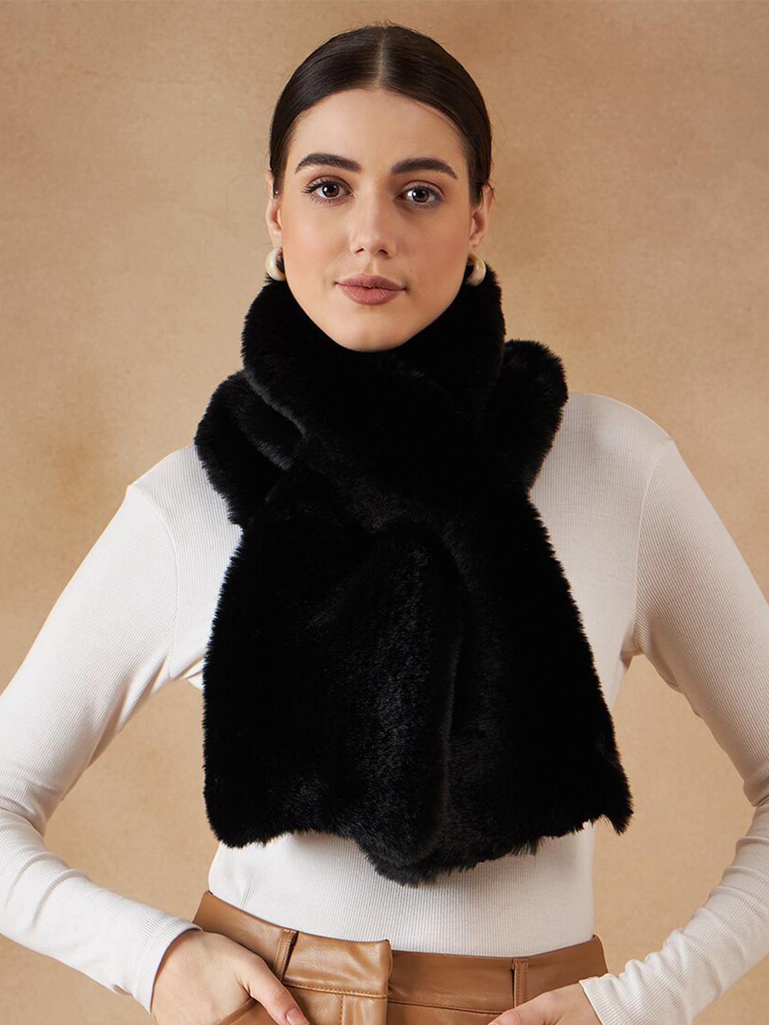 InWeave Black Self Design Acrylic Faux Fur Scarf