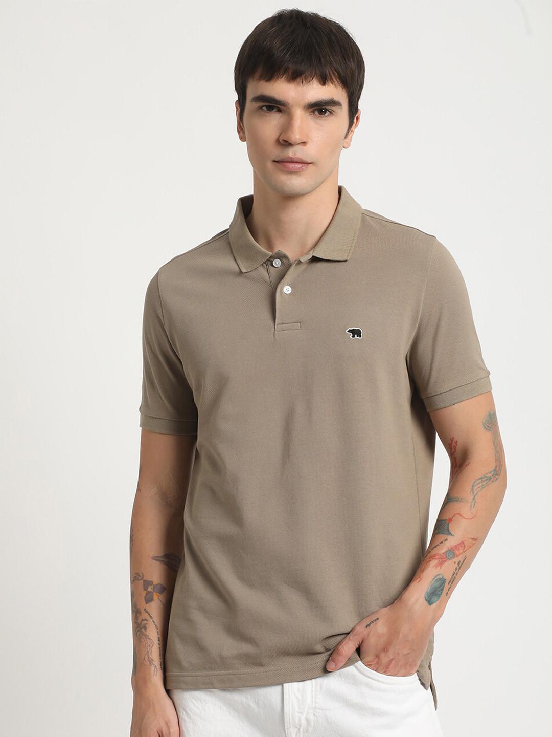 THE BEAR HOUSE Men Beige Solid Pure Cotton Polo Collar Slim Fit T-shirt