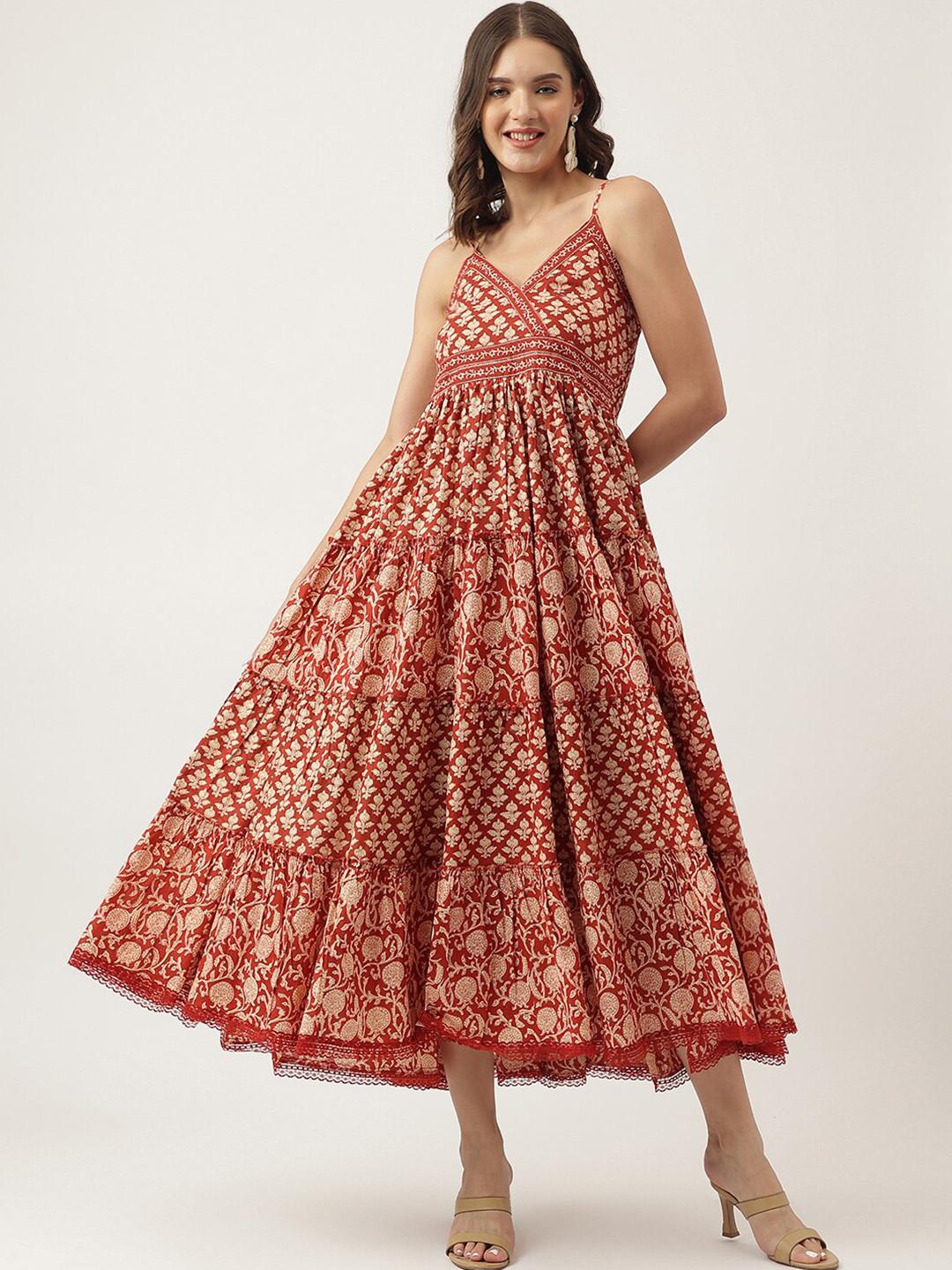 KALINI Ethnic Motifs Printed Shoulder Straps Cotton Fit & Flare Midi Ethnic Dress