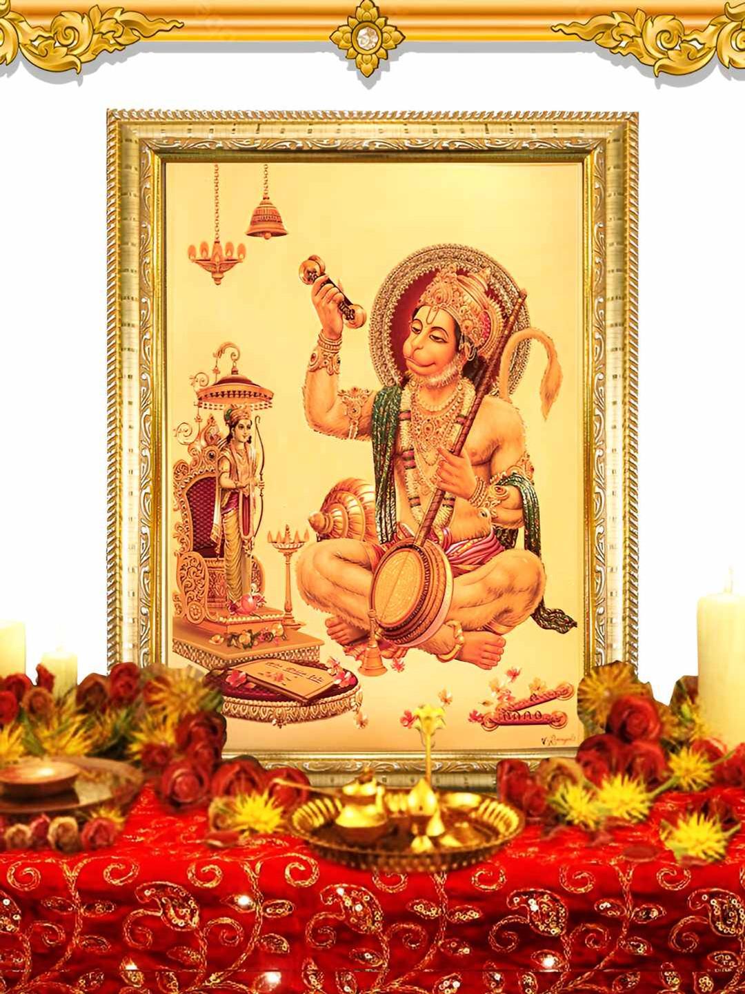 Hawai Gold-Toned 24k Gold Plated Hanuman Ji with Ram ji Wooden Wall Photo Frame