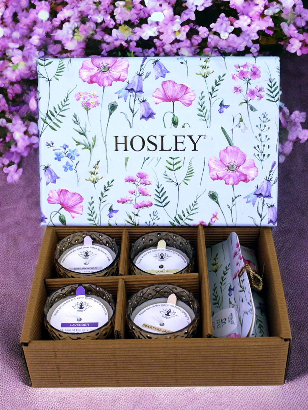 HOSLEY Gold Toned 4 Pcs Fragrance Glass Candles With Ceramic Incense Stick Holder Gift Set