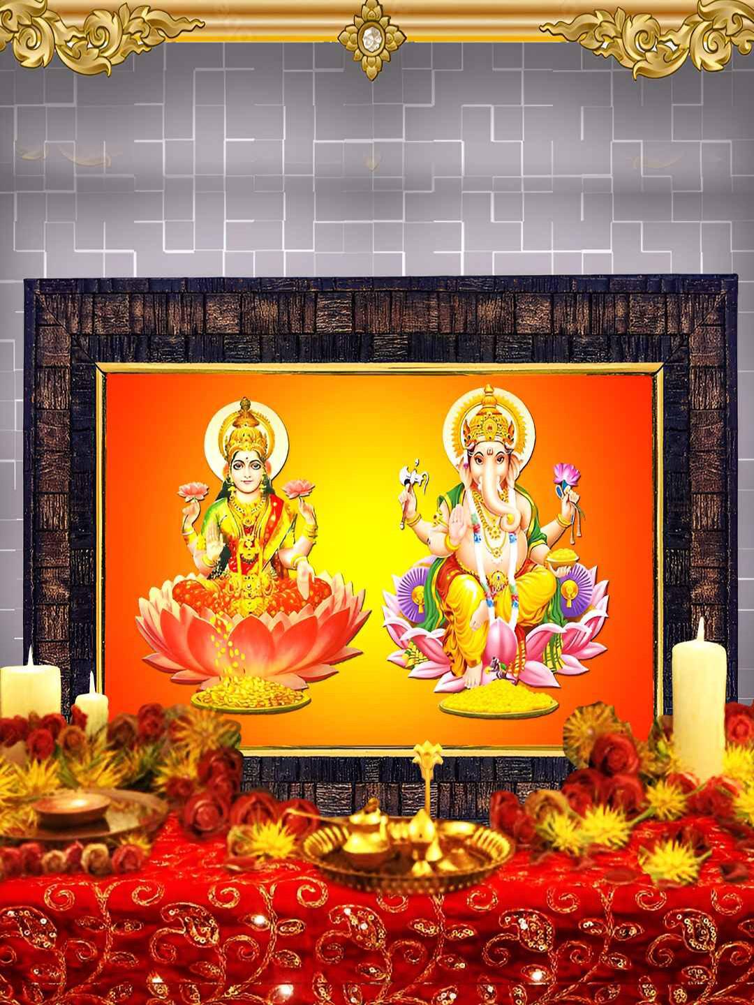 Hawai Black & Orange Lord Ganesha Lakshmi Ji Wood Wall Photo Frames