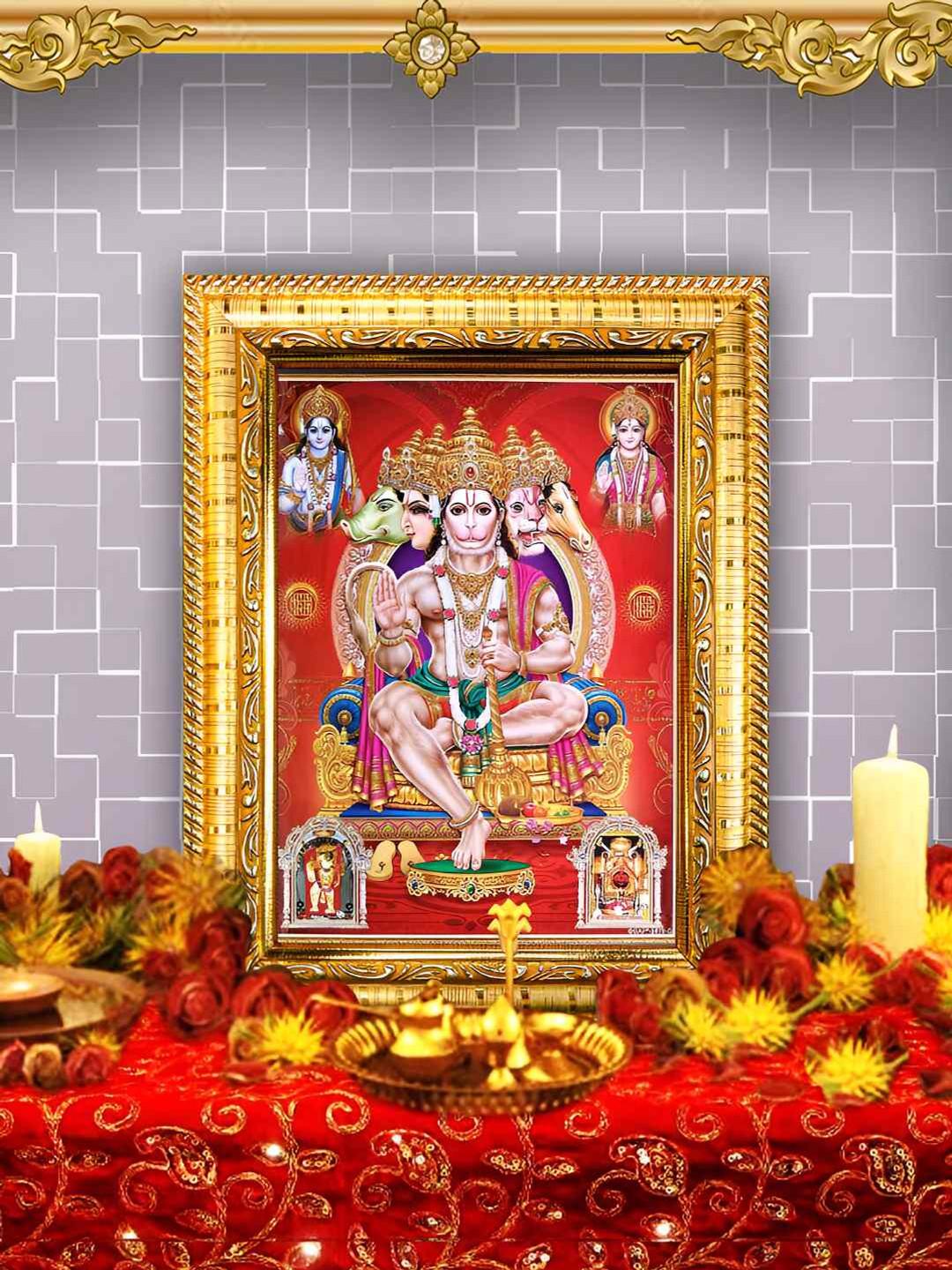 Hawai Gold-Toned & Red Panchmukhi Hanuman Wooden Wall Photo Frame