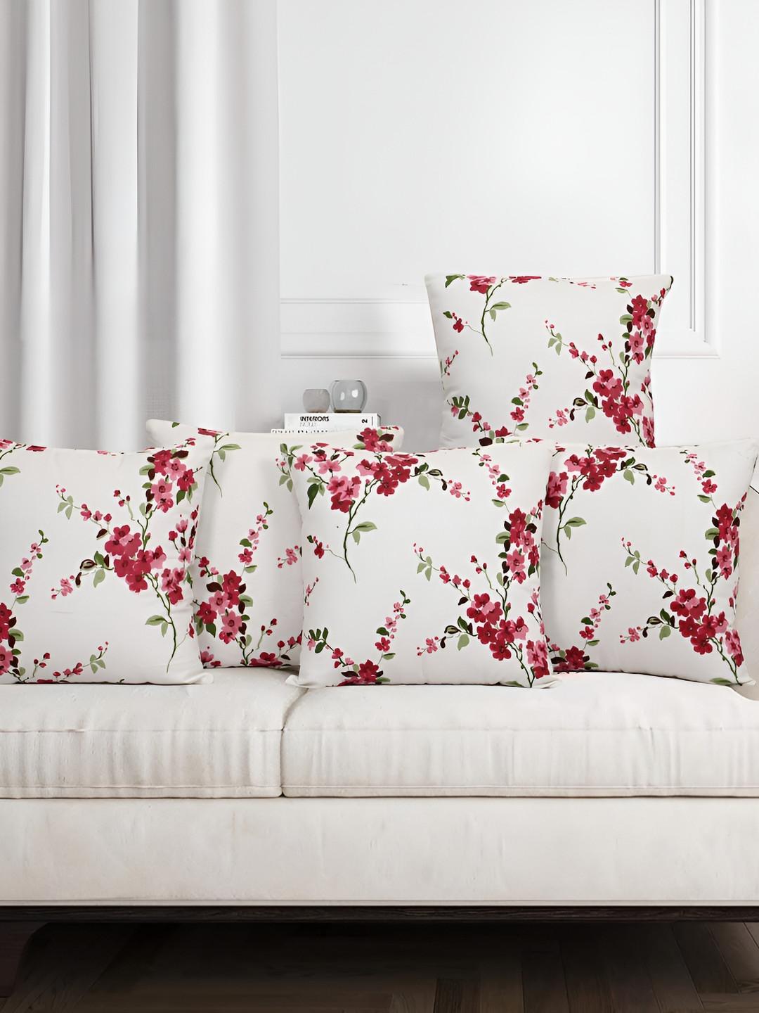 Texstylers Pink Floral Polyester Silk Reversible 5 Piece Square Cushion Covers -18x18In