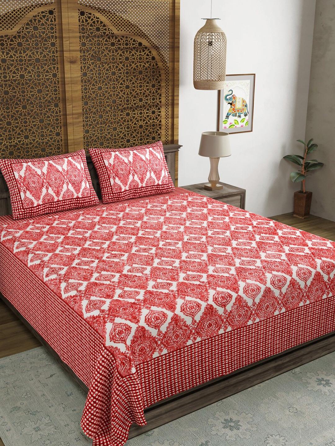 Sangria Pink Ethnic Motifs Cotton 210 TC King Fine Bedsheet with 2 Pillow Covers-90 x 108 inches