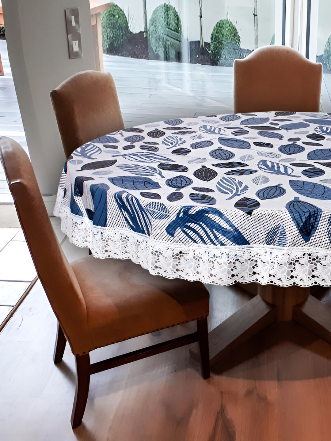 Stylista White & Blue Floral Printed Waterproof Round 6-Seater Table Cover