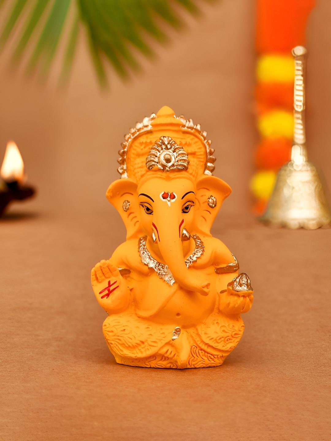 CraftVatika Ganesha Ganpati Orange Ceramic Matte Prayer Room Small Showpiece - 3.2 Inches
