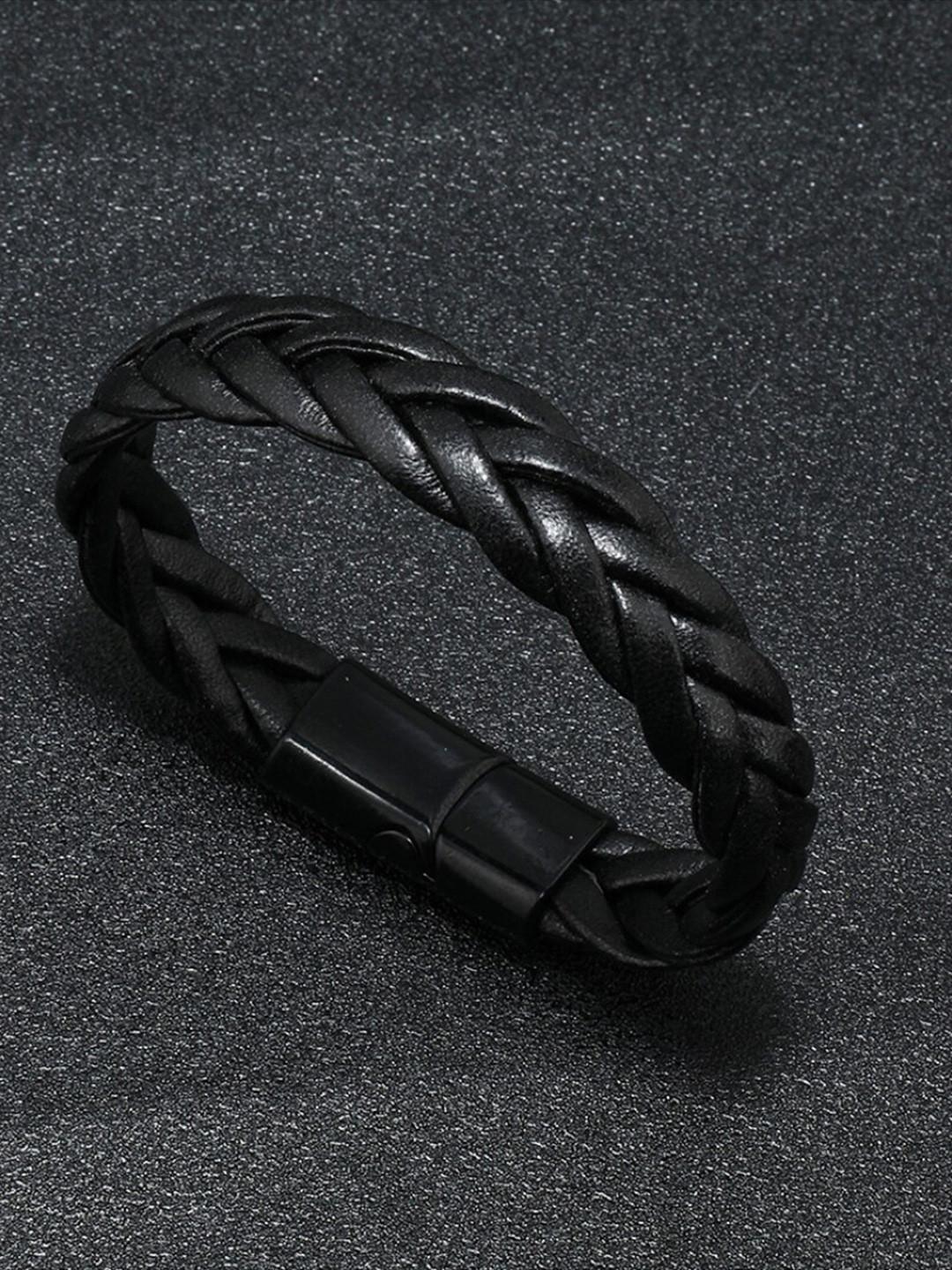 SALTY Men Black Braided Leather Wraparound Bracelet