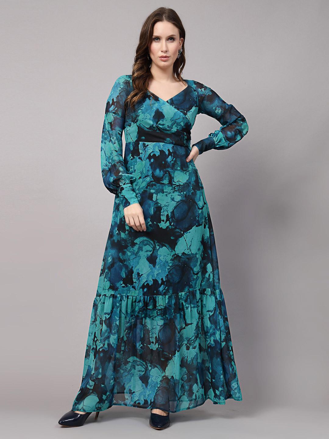 aayu Abstract Printed Sweetheart Neck Cuffed Sleeves Gathered Tiered Georgette Maxi Dress