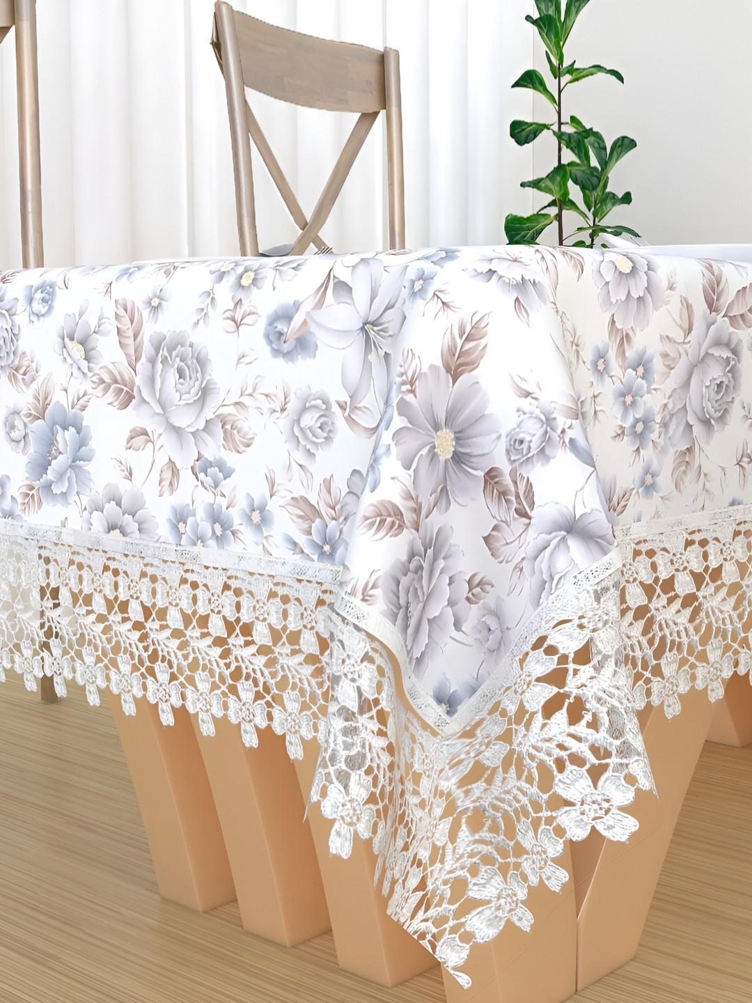 MONKDECOR White & Blue Floral Printed Cotton 4 Seater Table Cover With Lace Details
