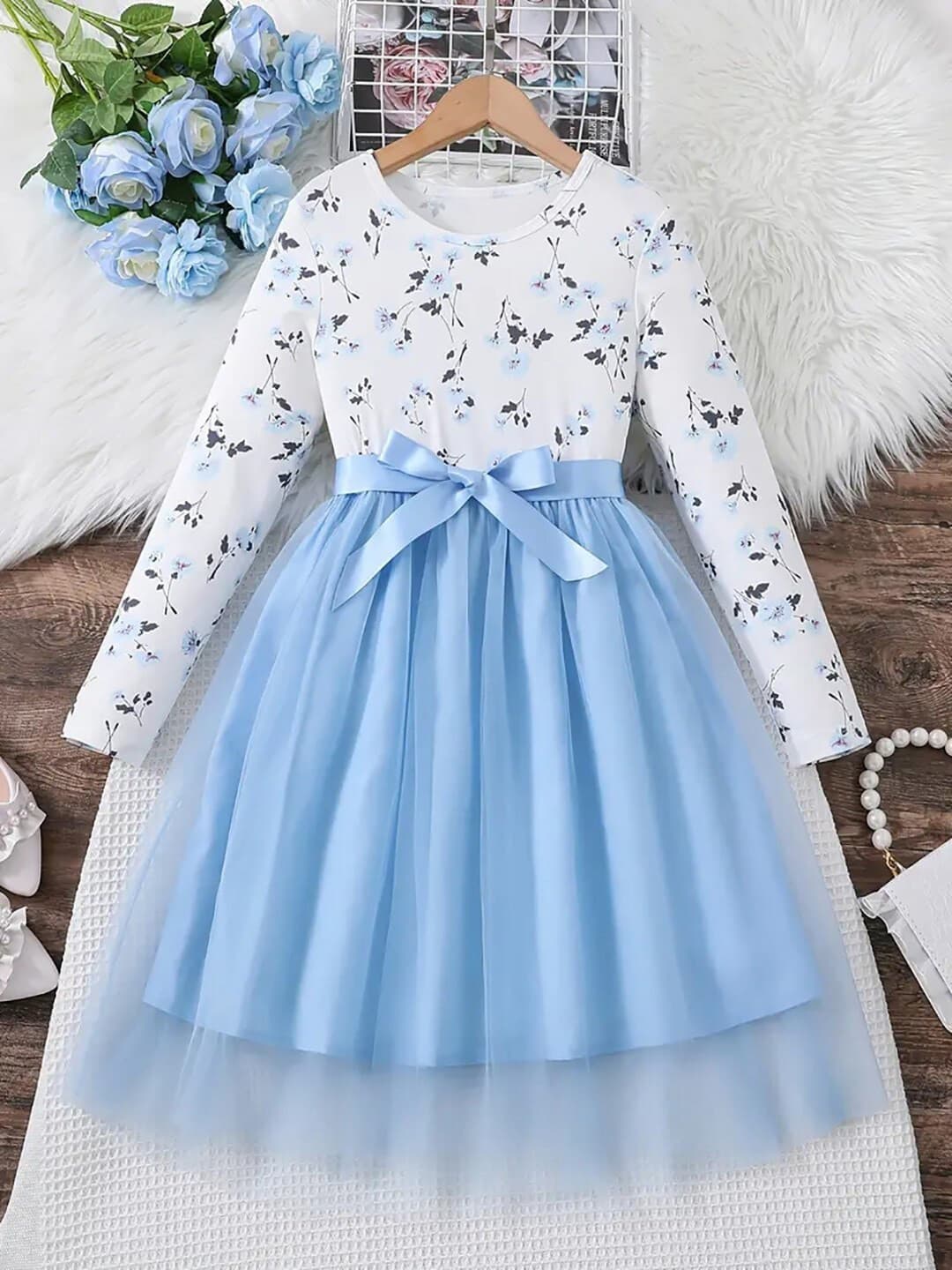 BAESD Girls Floral Printed Net Fit & Flare Dress