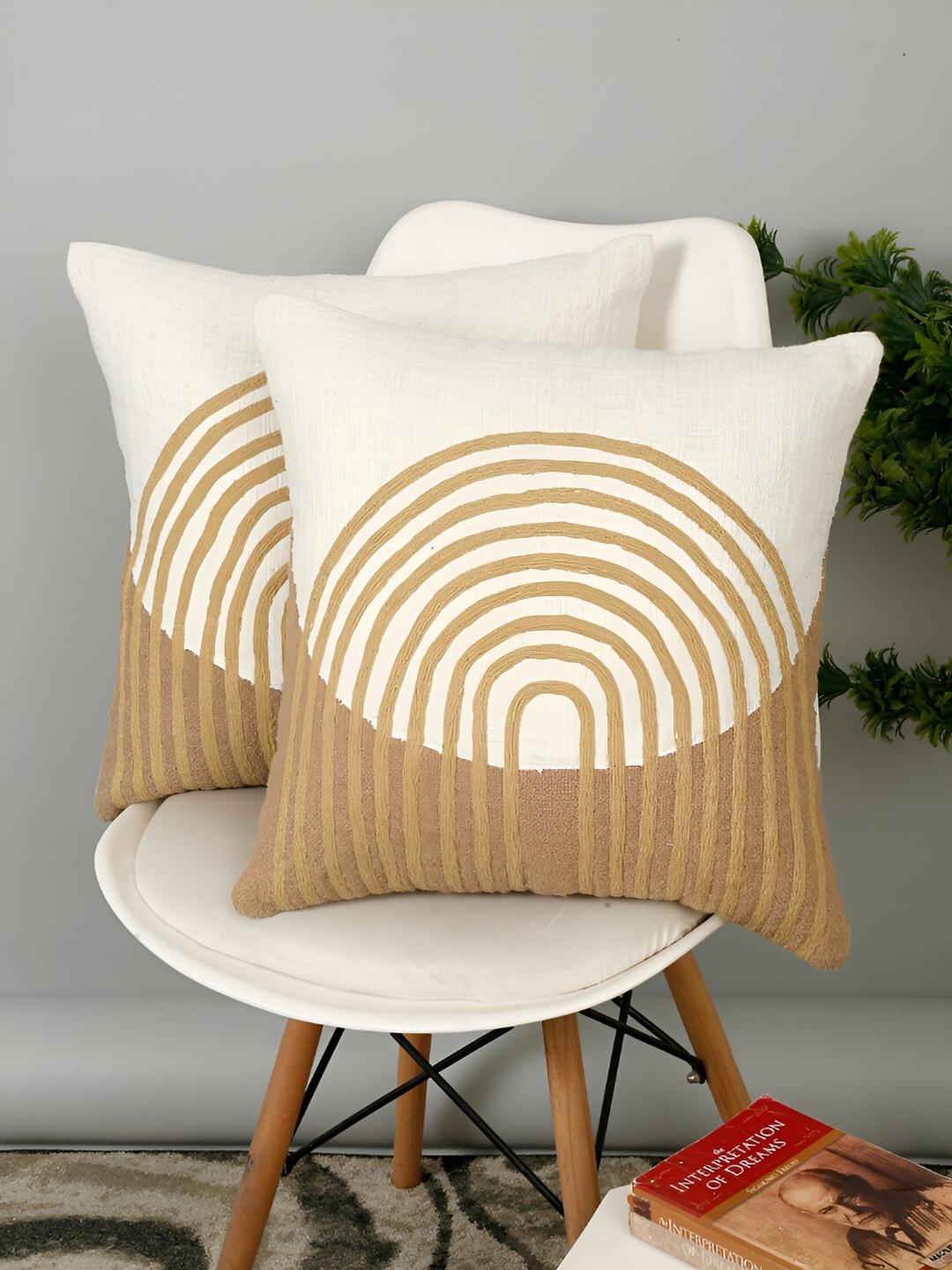 eyda White & Brown 2 Pieces Abstract Cotton Square Cushion Covers