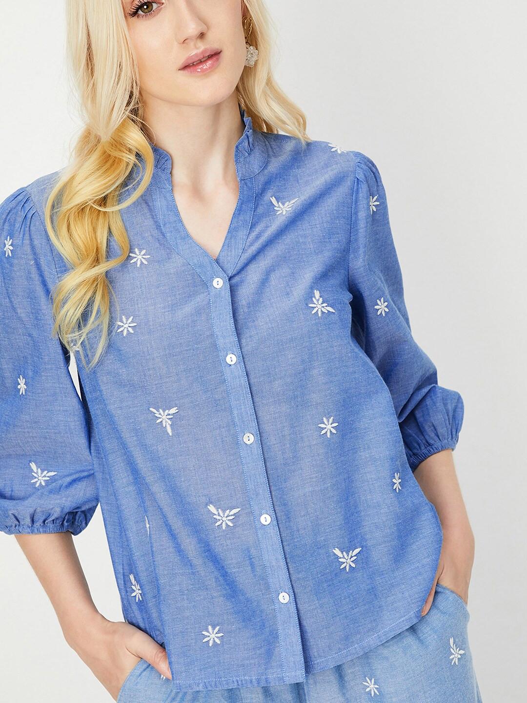 max Floral Embroidered Mandarin Collar Pure Cotton Shirt Style Top