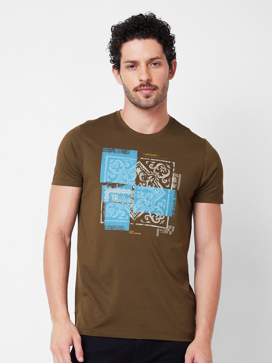 SPYKAR Graphic Printed Round Neck Half Sleeves Slim Fit Cotton T-shirt