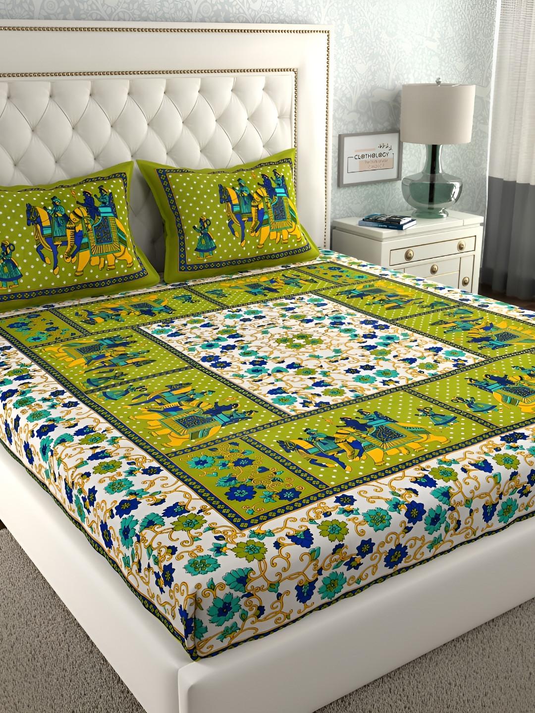 CLOTHOLOGY Olive Green Royal Procession The Rajwada Procession Cotton Double Flat 104 TC Jaipuri Prints Bedsheet Set