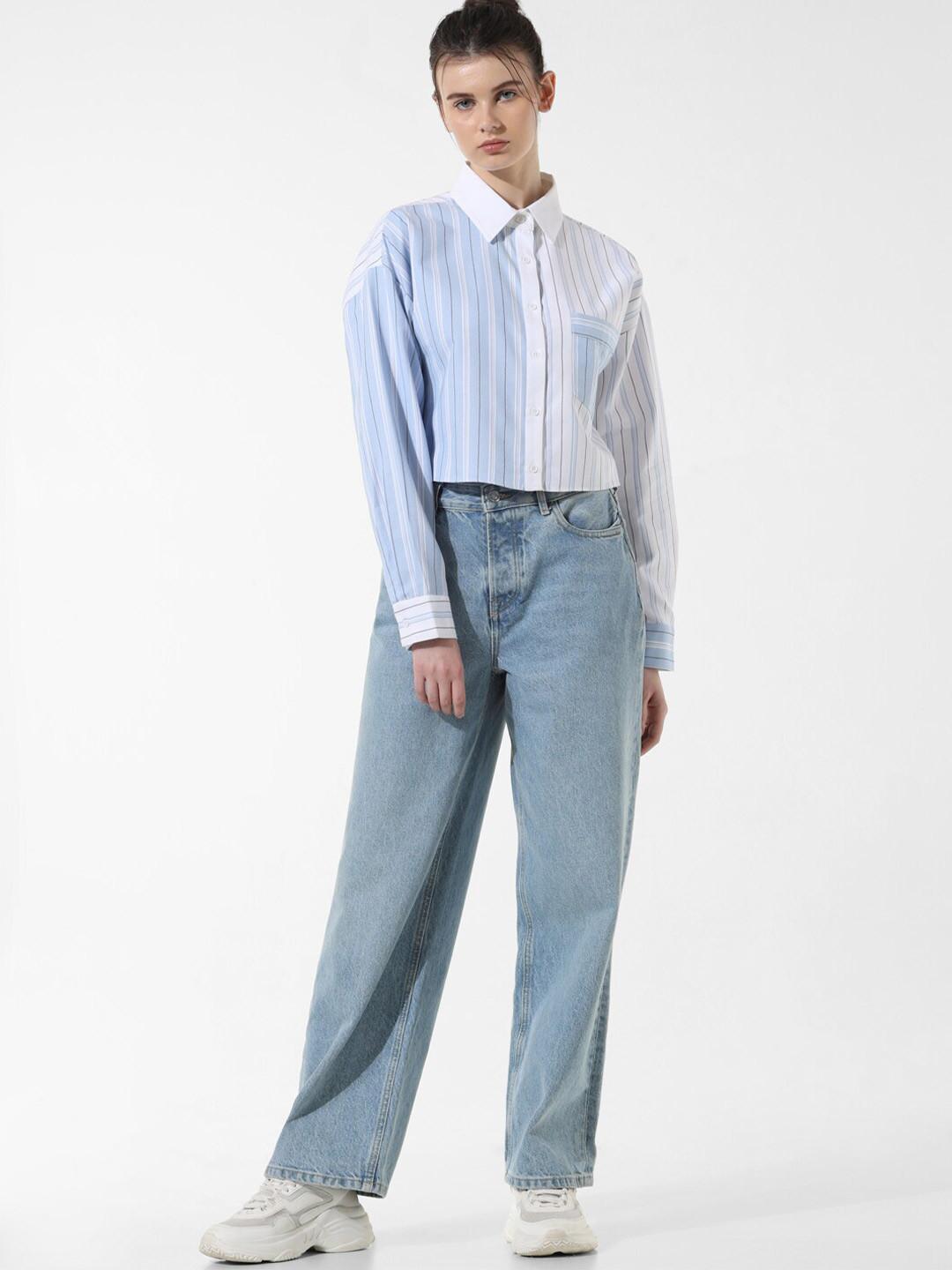 ONLY Boxy Striped Spread Collar Long Sleeves Crop Casual Shirt