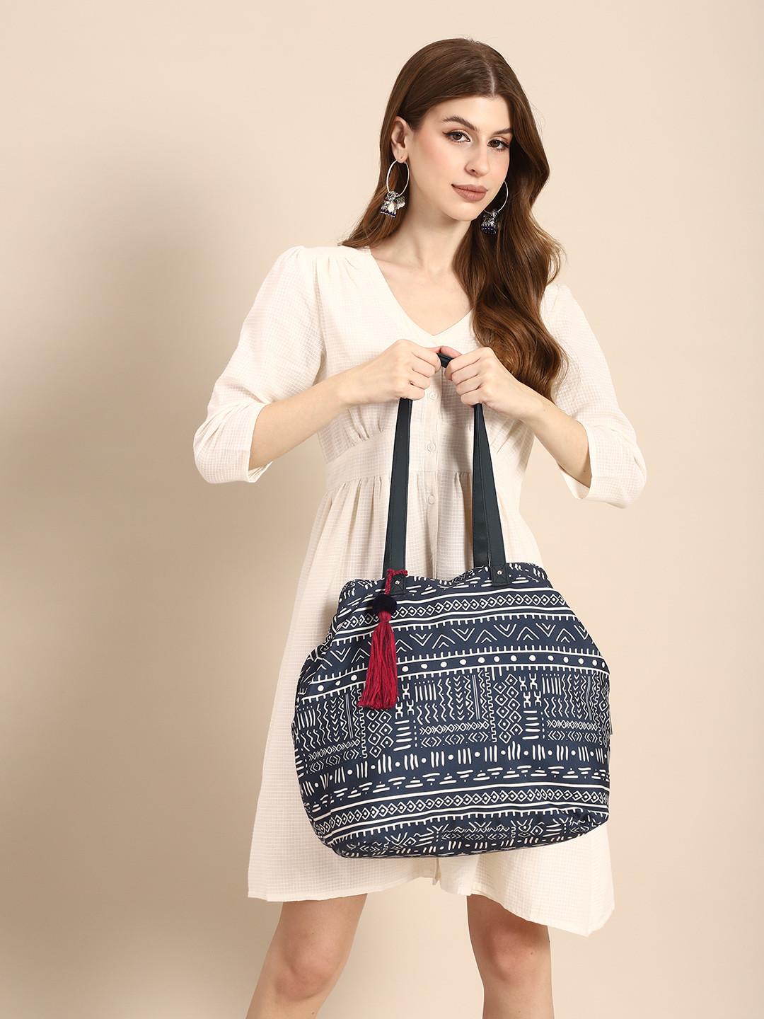 Sangria Geometric Printed Oversized Structured Tote Bag with Tasselled