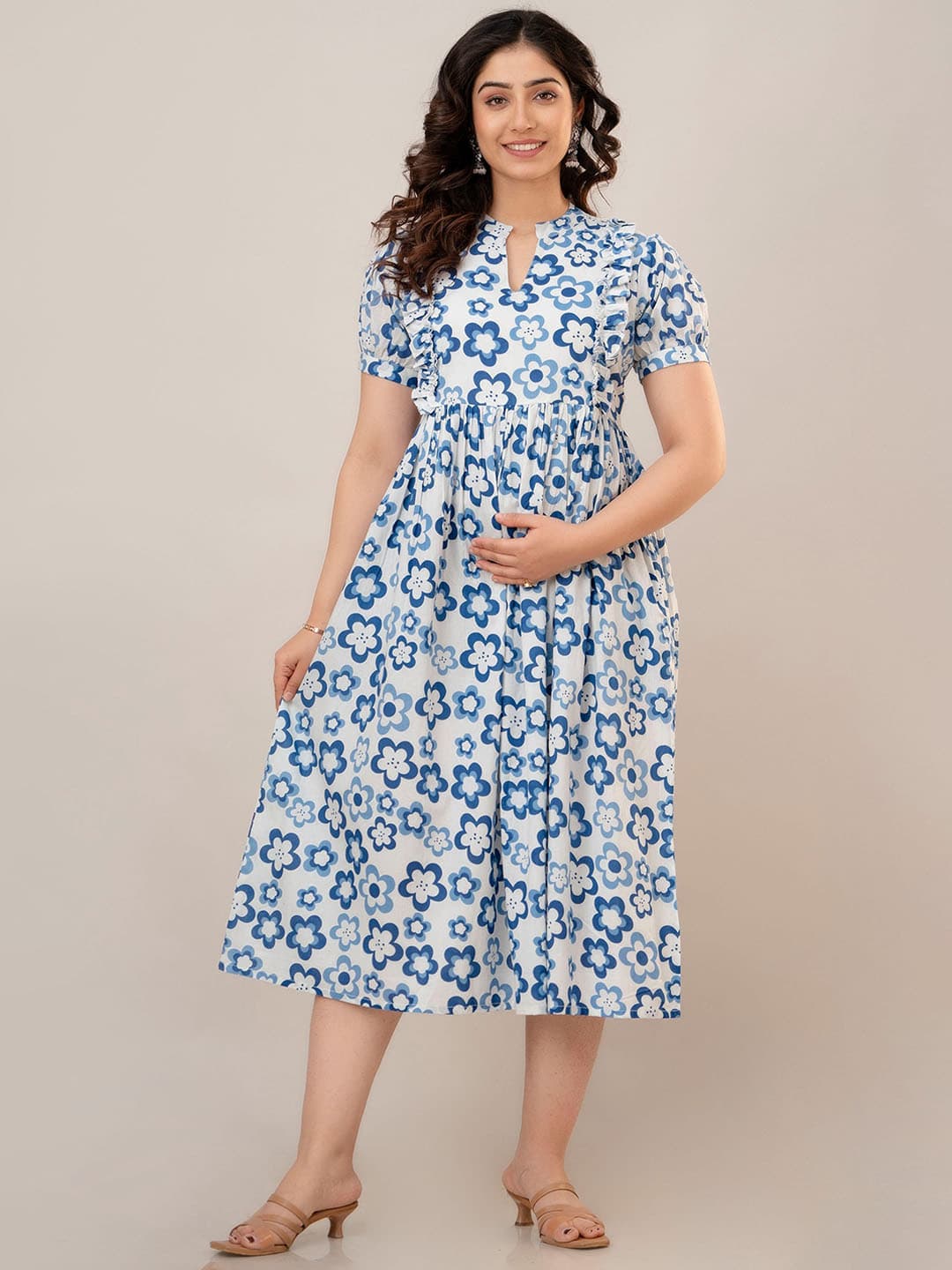 CELEBRAVO Floral Printed Pure Cotton Fit & Flare Maternity & Feeding Dress