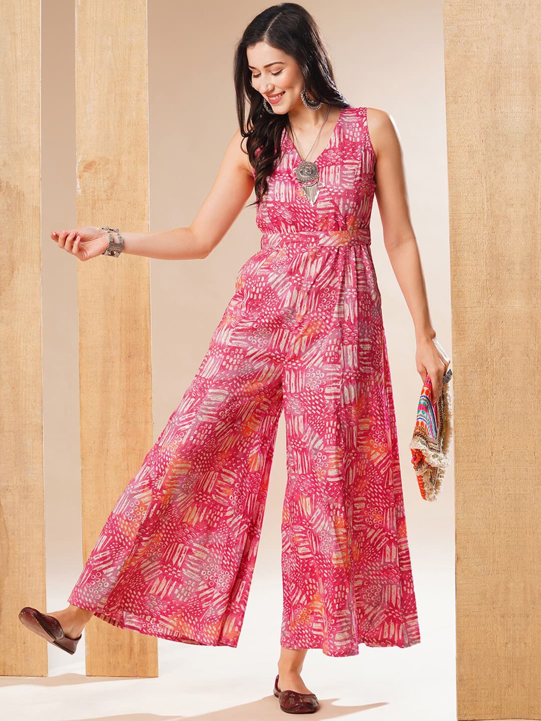 Globus Printed Wrap Neck Belted Flared Leg Fusion Jumpsuit