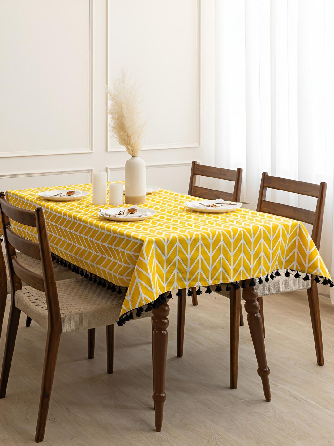 HOMEMONDE Yellow Geometric Printed Cotton 4-Seater Table Cover