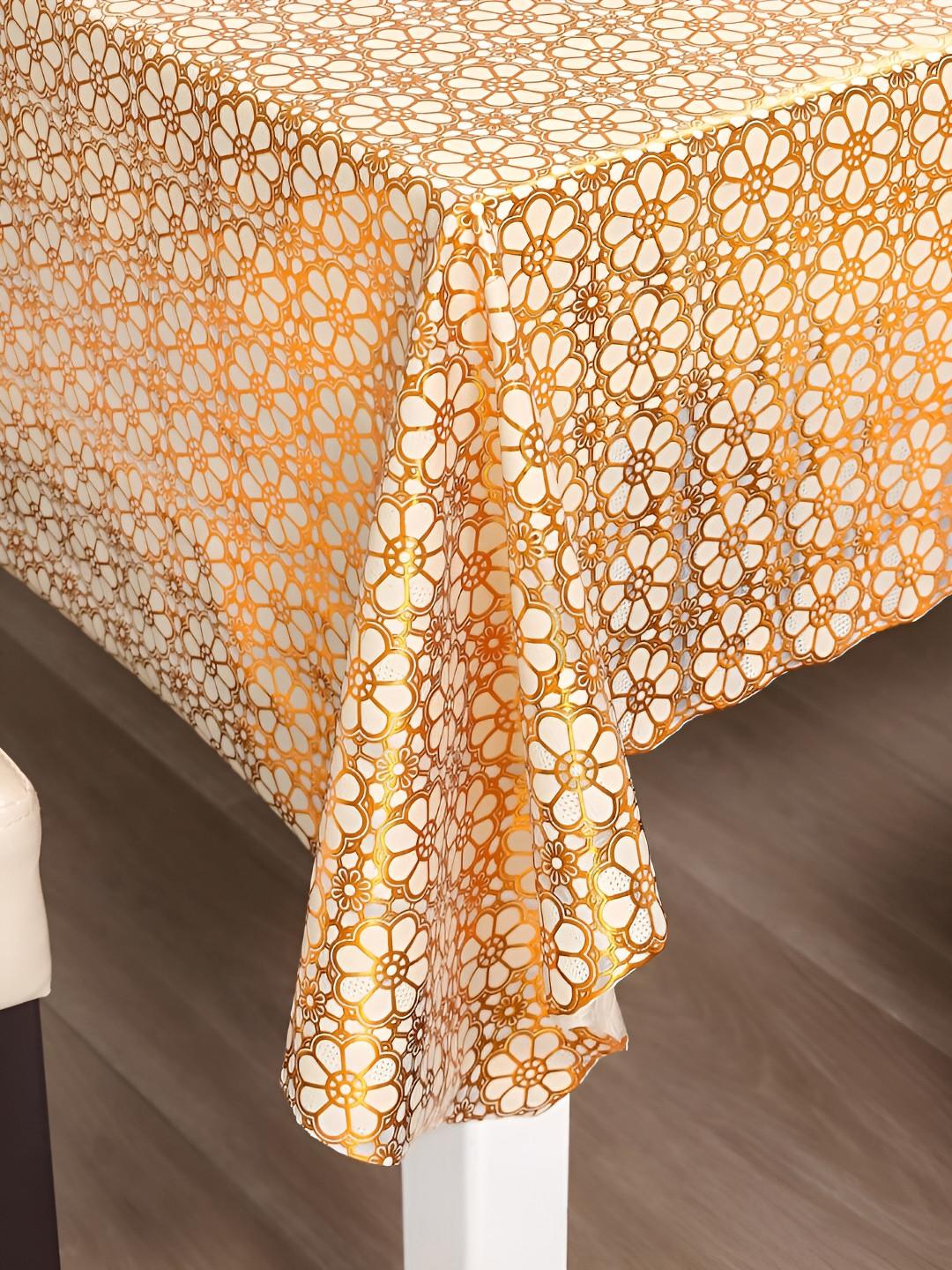 HOKIPO Gold Toned & White 6 Seater Floral Rectangle Table Cover