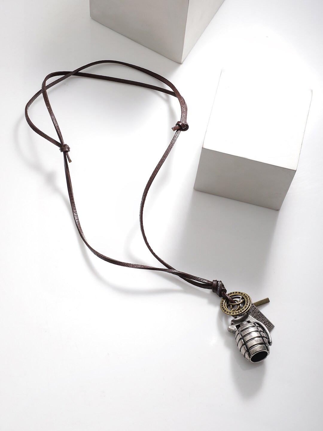Rubans Antique Silver & Gold Tone Grenade Pendant with Brown Leather Cord